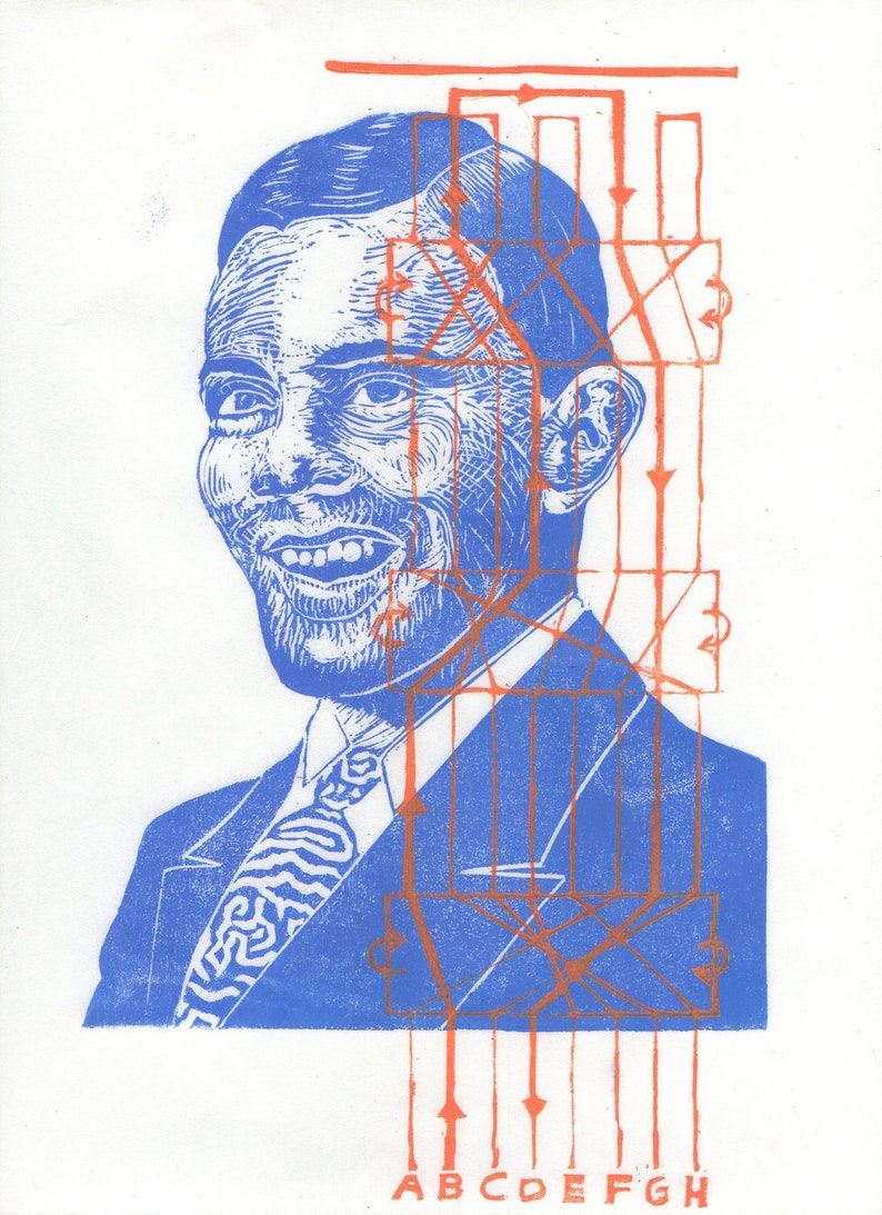 Linocut portrait of Alan Turing and the Enigma machine, History of Science Lino Block Portrait, Computer Science, Cryptography, Alan Turing image 1