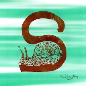 Snail S Monogram Linocut, Alphabet Typographic Lino Block Print, S is for Snail