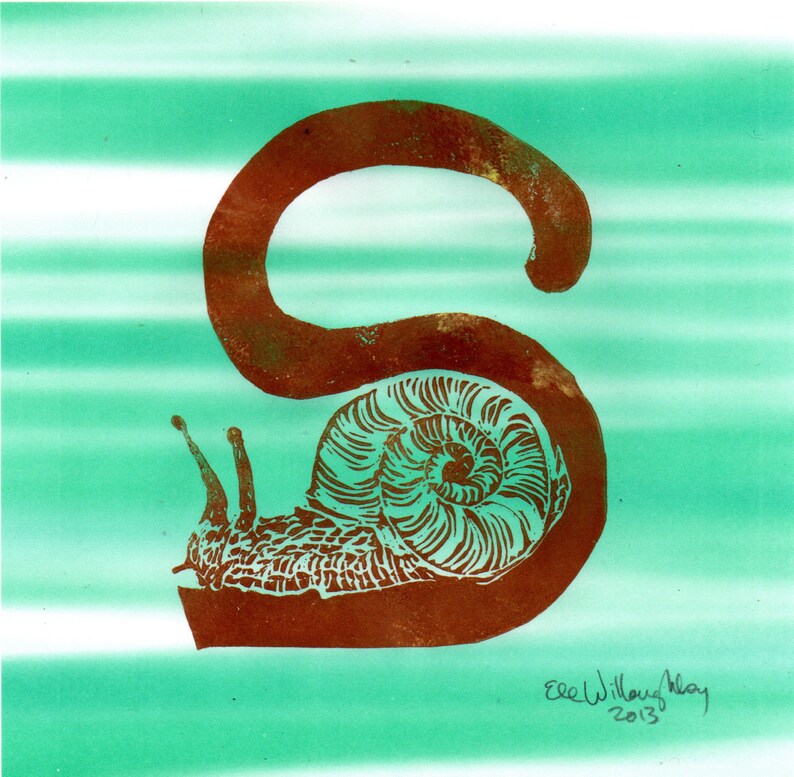 Snail S Monogram Linocut, Alphabet Typographic Lino Block Print, S is for Snail image 1
