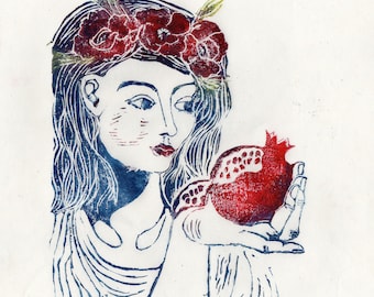 Persephone and the Pomegranate Linocut, Handprinted Illustration of Greek Myth Beauty with Poppies and Pomegranate