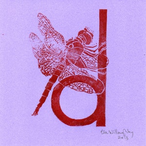 Dragonfly D Monogram Print, Alphabet Typographic Lino Block Print, Dragonfly, Damselfly, Insect image 3