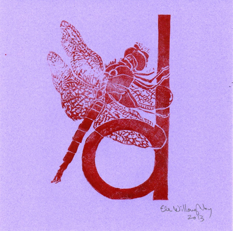 Dragonfly D Monogram Print, Alphabet Typographic Lino Block Print, Dragonfly, Damselfly, Insect image 3