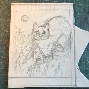 Set of 5 Printed Yule Cat Card, with Image of Linocut Gigantic Icelandic Christmas Cat, Jólakötturinn on Cabin in Woods image 8