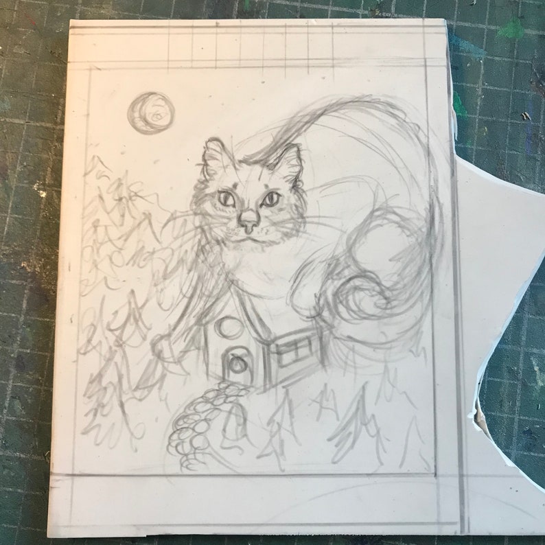 Set of 5 Printed Yule Cat Card, with Image of Linocut Gigantic Icelandic Christmas Cat, Jólakötturinn on Cabin in Woods image 8