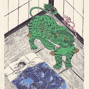 Lino Block Print of the Mythical Baku, Japanese Folklore Chimera Who Eats Nightmares image 2
