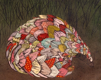 Ground Pangolin Linocut on Collaged Japanese Papers, Hand-printed image of the scaly mammal