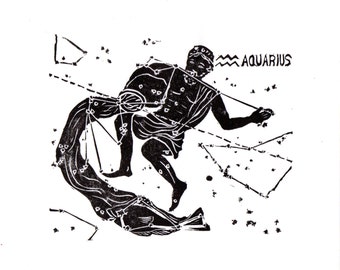 Aquarius Constellation Print in Black and White, Constellations of the Zodiac Lino Block Print Collection