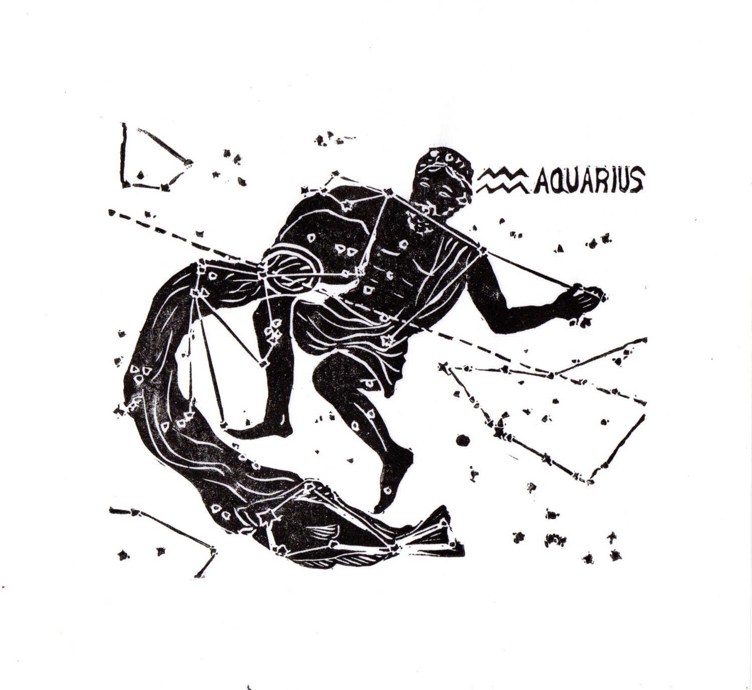 Aquarius Constellation Print in Black and White, Constellations of the Zodiac Lino Block Print Collection