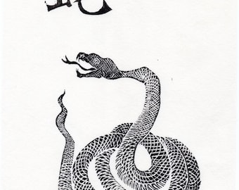 She - The Snake Print, Chinese Zodiac Black and White Lino Block Print