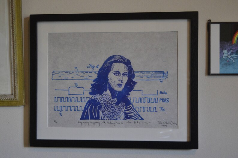 Hedy Lamarr Inventor of Frequency Hopping Spread Spectrum Linocut Portrait, Woman Scientist, Inventor and Hollywood Star Print Portrait image 8