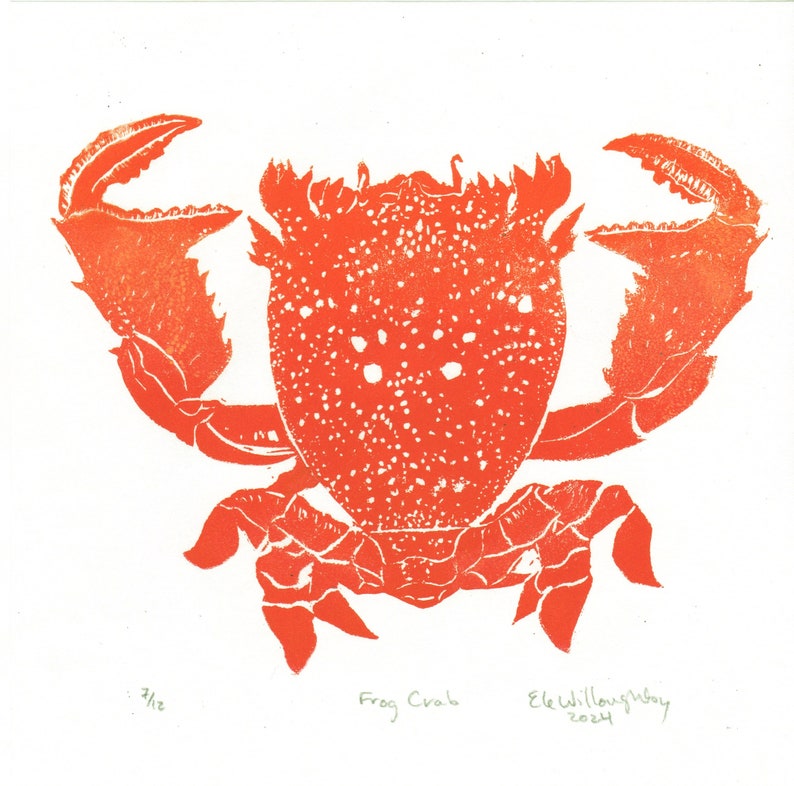 Lino Block Print Red Frog Crab, Ranina ranina, Spanner crab, True crab, Monarch of All Crabs image 2