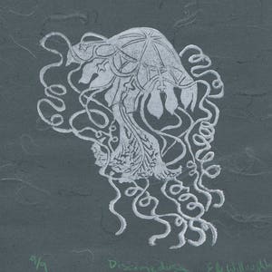Immortal Jellyfish: I Wanna Live Forever Handprinted Lino Block Print of Turritopsis Dohrnii Medusa Called Immortal Jellyfish, Linocut image 9