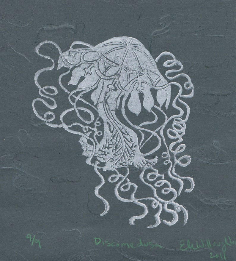 Immortal Jellyfish: I Wanna Live Forever Handprinted Lino Block Print of Turritopsis Dohrnii Medusa Called Immortal Jellyfish, Linocut image 9