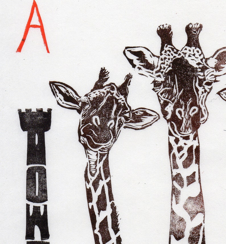 A Tower of Giraffes Print, Terms of Venery Collective Nouns for Animals, Typographic Lino Block Print image 3