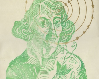 Copernicus Linocut De Revolutionibus, Lino Block Print History of Science Portrait of Copernicus Solar System, Astronomy