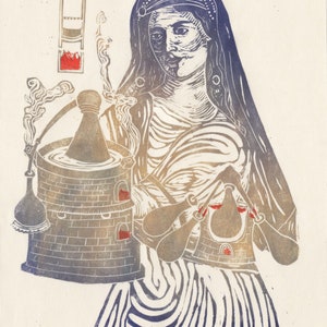 Linocut Mary the Jewess, Mother of Alchemy, Miriam Hebraea, Maria Prophetissa, Chemistry Trailblazer, Historical Woman in Science Print image 3