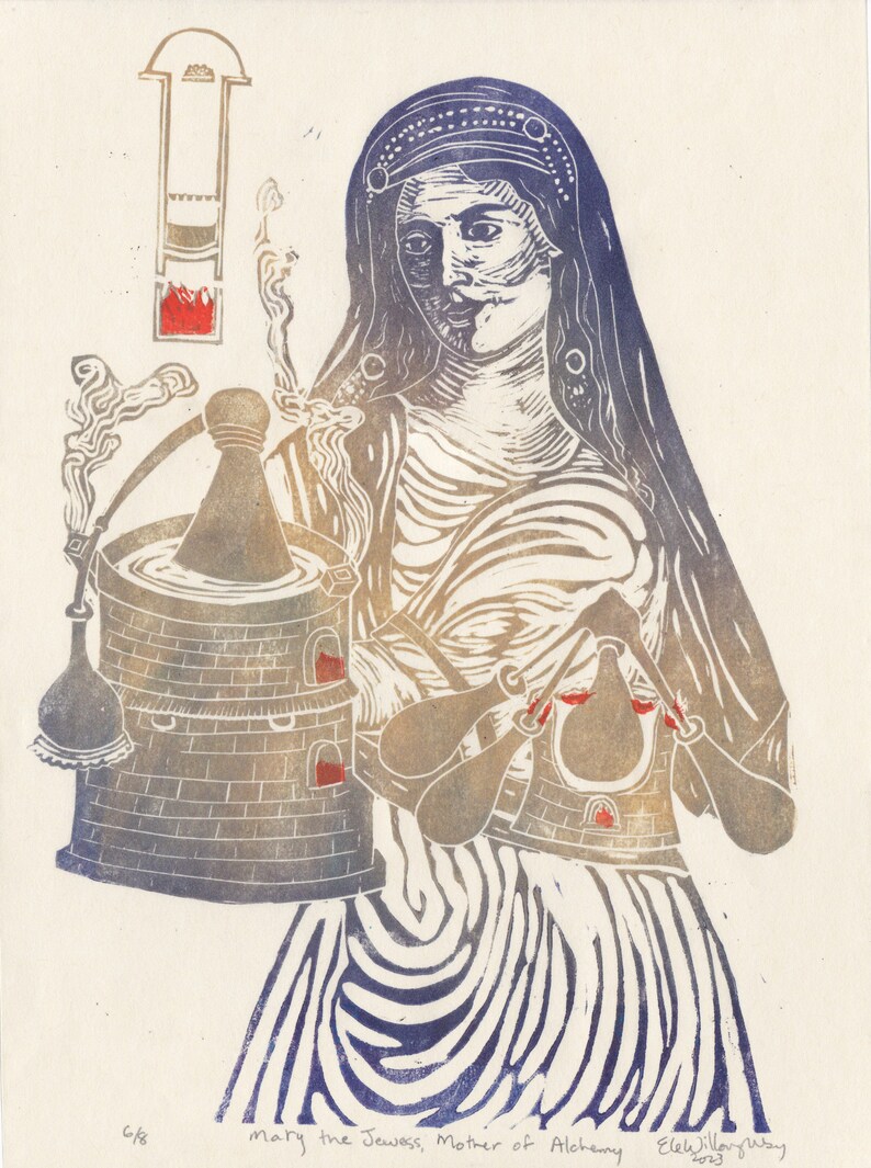 Linocut Mary the Jewess, Mother of Alchemy, Miriam Hebraea, Maria Prophetissa, Chemistry Trailblazer, Historical Woman in Science Print image 3