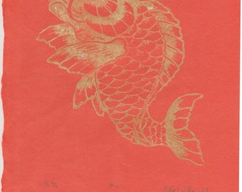 Koi Print, Lino Block Koi Fish or Carp Print on Lovely Orange Japanese Paper
