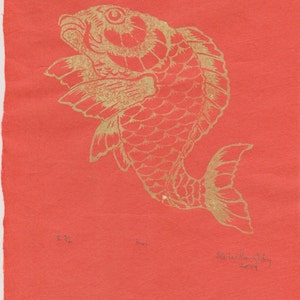 Koi Print, Lino Block Koi Fish or Carp Print on Lovely Orange Japanese Paper image 4