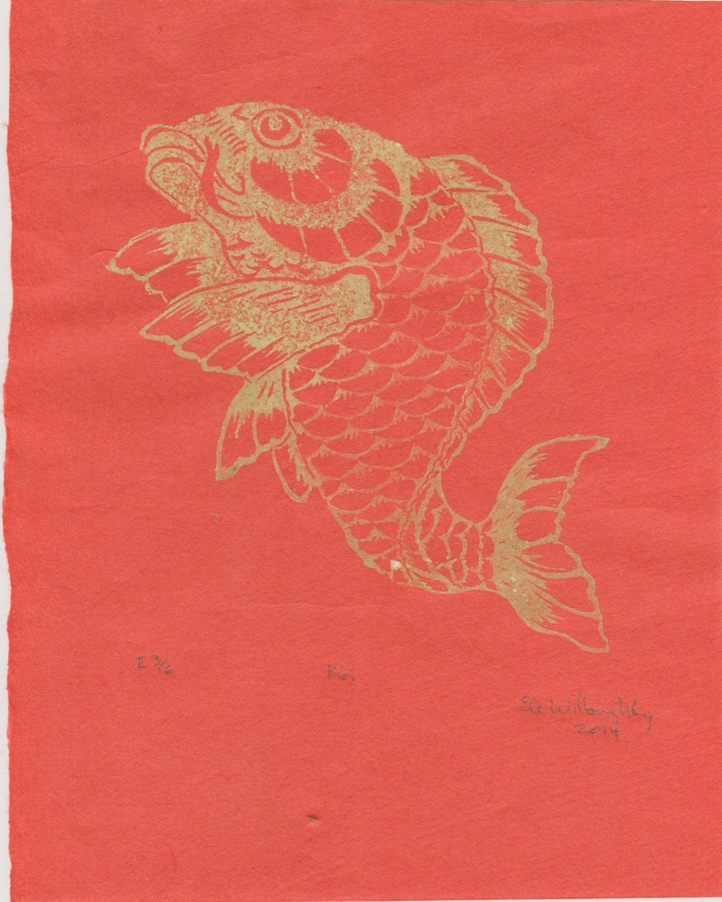 Koi Print, Lino Block Koi Fish or Carp Print on Lovely Orange Japanese Paper image 4