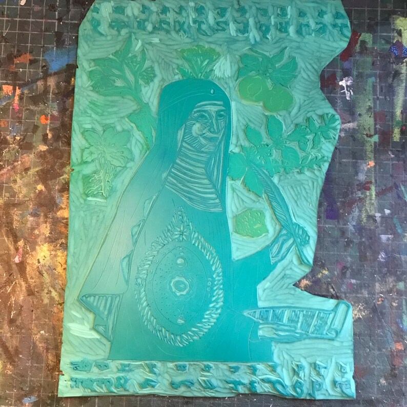 Lino Block Print of Hildegard von Bingen, History of Medicine, Natural History, Women in Science immagine 7