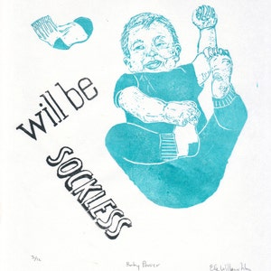 Baby Propaganda: The Revolution Will Be Sockless Linocut, Lino Block Print Baby with Typography, Nursery Art, Propaganda Poster image 4