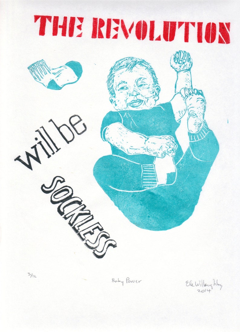 Baby Propaganda: The Revolution Will Be Sockless Linocut, Lino Block Print Baby with Typography, Nursery Art, Propaganda Poster image 4