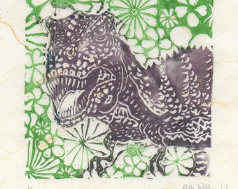 T. Rex with Flowers Mini Linocut, Small Lino Block Print on Japanese Paper of Tyrannosaurus Rex Dinosaur with Flowers