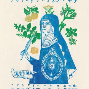 Lino Block Print of Hildegard von Bingen, History of Medicine, Natural History, Women in Science image 5