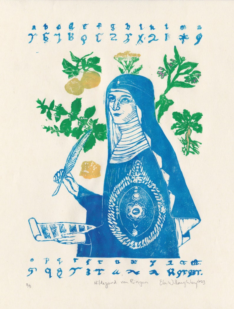 Lino Block Print of Hildegard von Bingen, History of Medicine, Natural History, Women in Science image 5