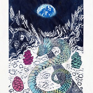 May include: A black and white linocut print of a green and blue snake with a red and white flower and a blue planet in the background. The print is titled "Kepler's Somnium" and signed "Elle Willoughby, 2012".