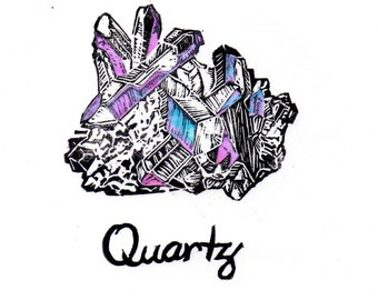 Quartz crystal linocut with iridescent facets print, Lino Block Print Mineral Crystal Quartz