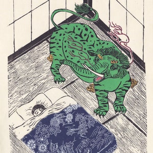 Lino Block Print of the Mythical Baku, Japanese Folklore Chimera Who Eats Nightmares image 4