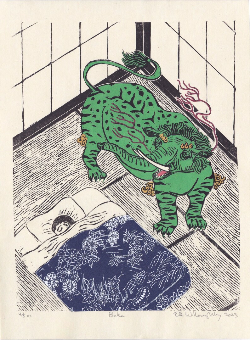 Lino Block Print of the Mythical Baku, Japanese Folklore Chimera Who Eats Nightmares image 4