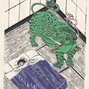 Lino Block Print of the Mythical Baku, Japanese Folklore Chimera Who Eats Nightmares image 8