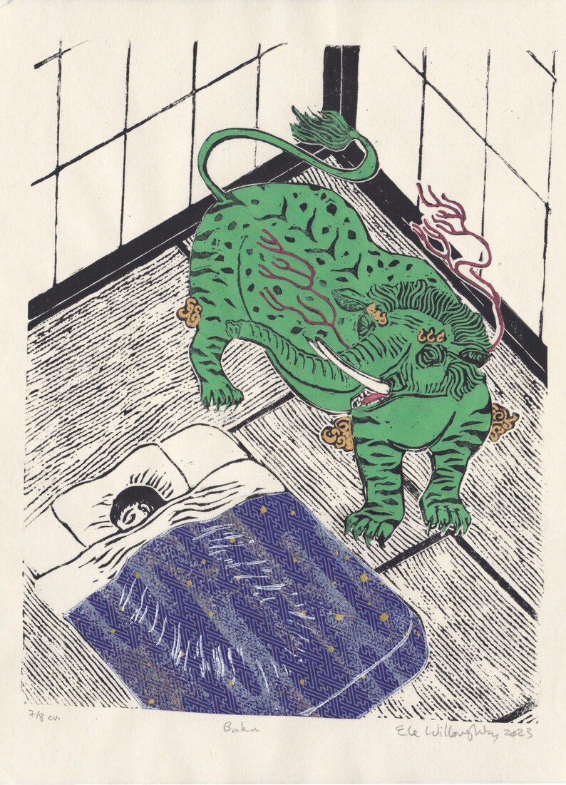 Lino Block Print of the Mythical Baku, Japanese Folklore Chimera Who Eats Nightmares image 8