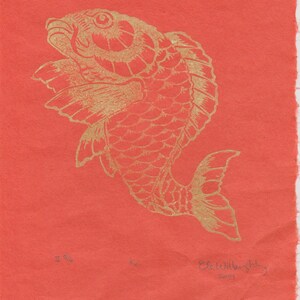 Koi Print, Lino Block Koi Fish or Carp Print on Lovely Orange Japanese Paper image 5