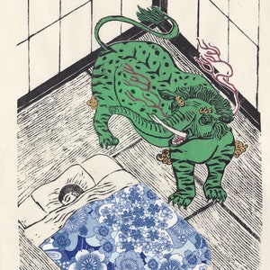 Lino Block Print of the Mythical Baku, Japanese Folklore Chimera Who Eats Nightmares image 5