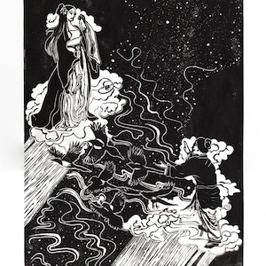 Peut inclure: Gravure sur bois en noir et blanc représentant deux personnages sur des nuages, avec des oiseaux en vol. L'estampe présente un fond étoilé et le texte "The Magpie Bridge" et "Ele Willoughby, 2023".