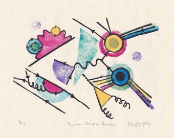 Feynman Diagram Bauhaus linocut print, Quantum Physics Block Print with Bauhaus Style