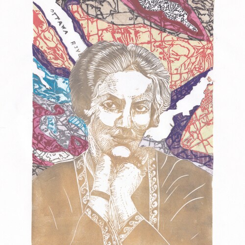 Multimedia with handprinted shops linocut and layered washi collage on canvas board
