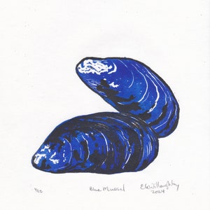 Blue Mussel lino block print, natural history hand-pulled print image 4