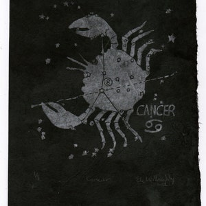 Cancer Constellation Print in Silber auf Schwarz, Konstellationen der Sternzeichen-Kollektion, Cancer the Crab Star Map