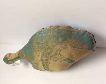 Turquoise and Gold Euoplocephalus Hard-headed Vegetarian Dinosaur Stuffie Backed with Crystal Gem Print Fabric