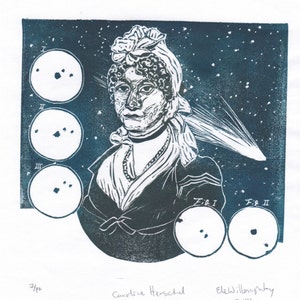 Portrait of Caroline Herschel, Pioneering Woman in Astronomy with Comets, Lino Block Print Astronomer, Woman in STEM image 4