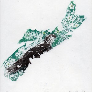 Linogravure de la Nouvelle-Écosse, le balbuzard pêcheur et la fleur de mai