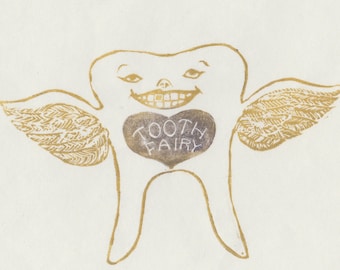 Winged Tooth Fairy Linocut Print: Children's Fairytale Art