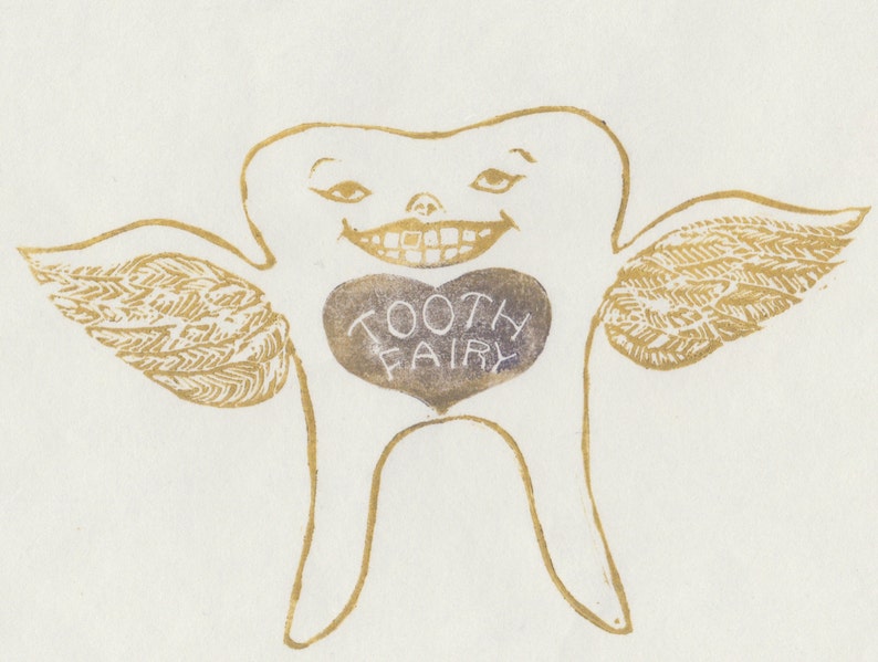 Tooth Fairy linocut, Lino Block Print of a Winged Tooth Fairy, Children's Art, Fairytale, Teeth image 1
