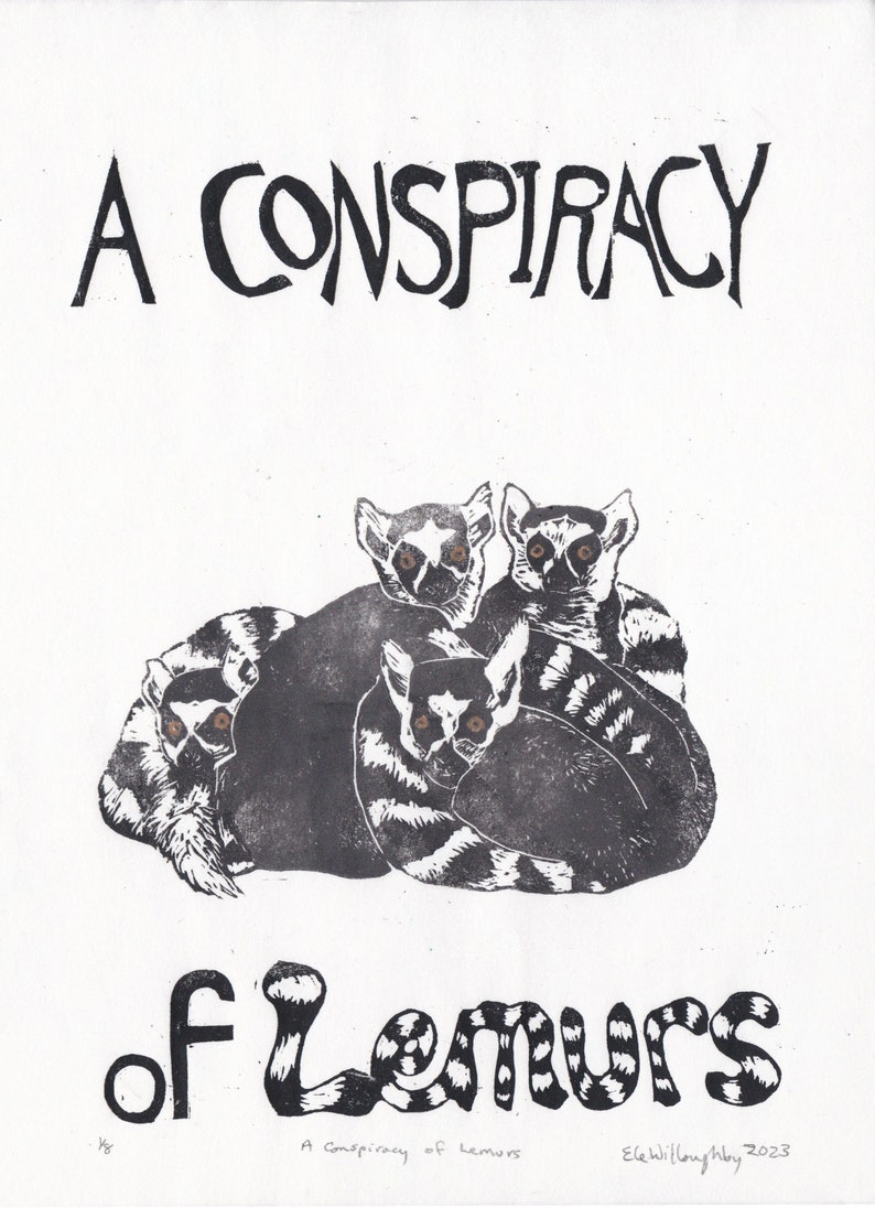 A Conspiracy of Lemurs Linocut, Terms of Venery, Collective Noun for Animals, Ring-tailed Lemur Lino Block Print image 4