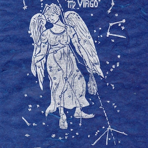 Virgo Constellation Linocut in Silver on Blue Constellations of the Zodiac Lino Block Print Collection Virgo Star Map image 1